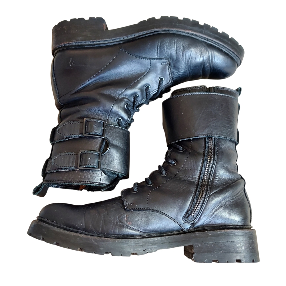 Frye Julie Biker Engineer Black Leather Lace-up Lug Sole Boots - Picture 8 of 15